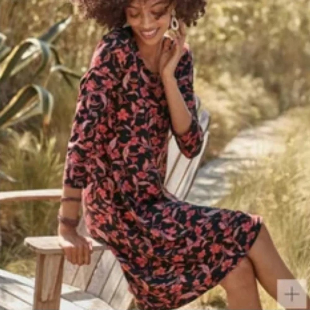 Garnet Hill Women’s Scoop Neck Swing Knit Dress 3/4‎ Sleeve Black Pink Floral S